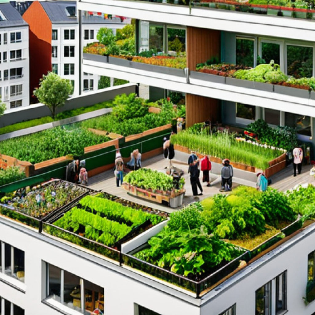 ** A vibrant, green cityscape. Lush green roofs and facades cover buildings, interspersed with community gardens overflowing with vegetables. In the foreground, people are tending to their balcony gardens. The overall atmosphere is one of urban oasis and sustainable living, reminiscent of Malmö's green building initiatives.

**