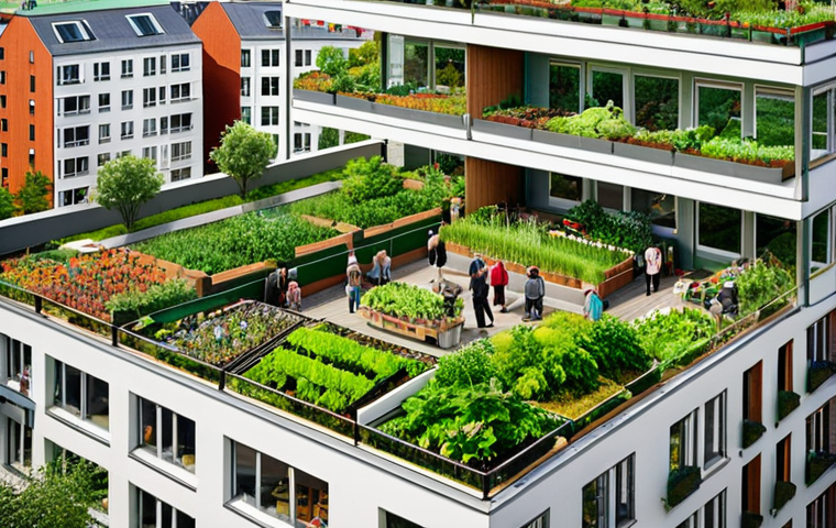 ** A vibrant, green cityscape. Lush green roofs and facades cover buildings, interspersed with community gardens overflowing with vegetables. In the foreground, people are tending to their balcony gardens. The overall atmosphere is one of urban oasis and sustainable living, reminiscent of Malmö's green building initiatives.

**